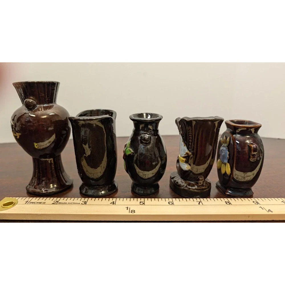 Vintage Miniature Made in Occupied Japan Brown Floral Vases Lot of 5